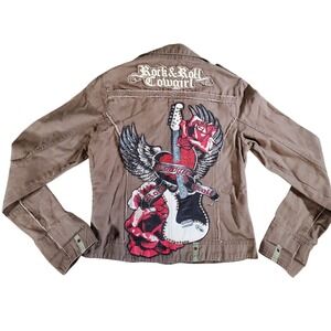 Rock & Roll Cowgirl Brown Cotton Utility Jacket Guitar Rose Graphic 52-2351 S
